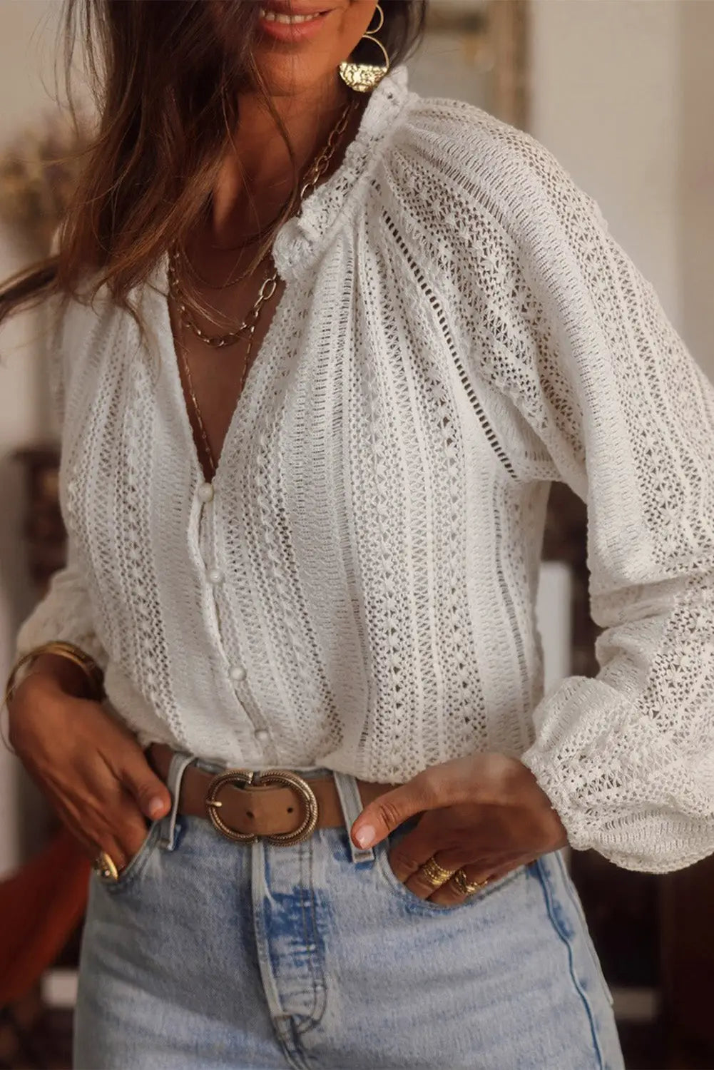 White V-Neck Long Sleeve Button Up Lace Shirt-30