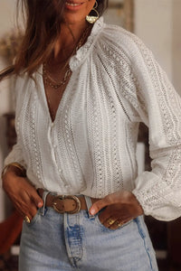 Thumbnail for White V-Neck Long Sleeve Button Up Lace Shirt-30