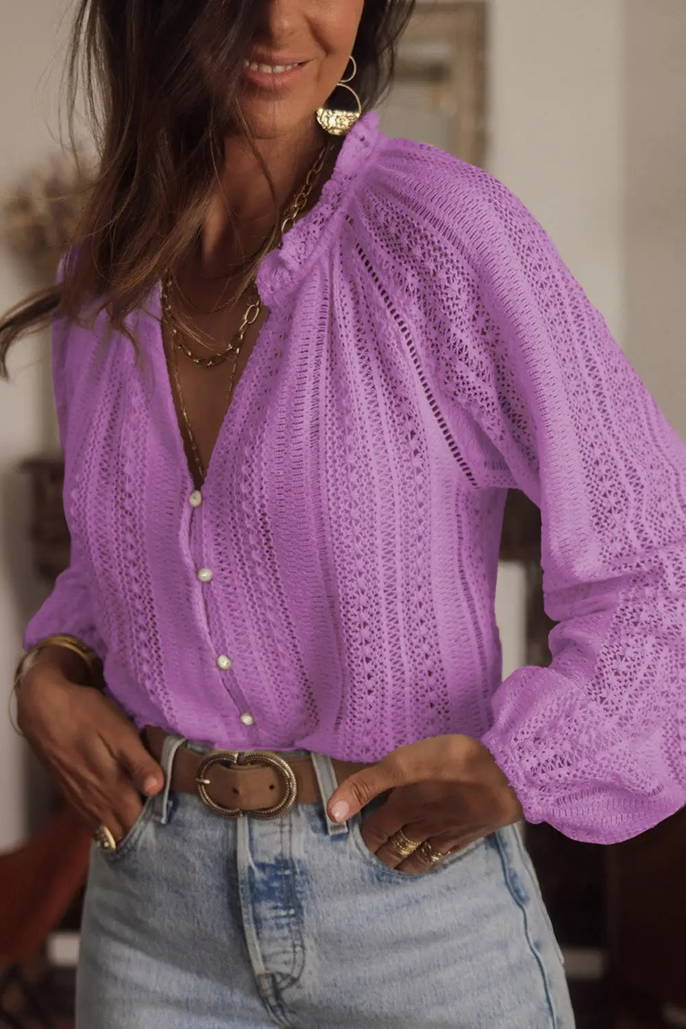 White V-Neck Long Sleeve Button Up Lace Shirt-61