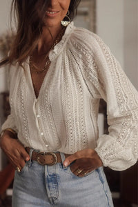 Thumbnail for White V-Neck Long Sleeve Button Up Lace Shirt-3