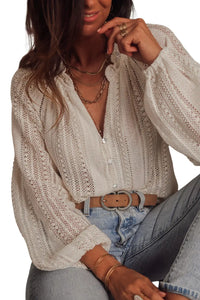 Thumbnail for White V-Neck Long Sleeve Button Up Lace Shirt-7