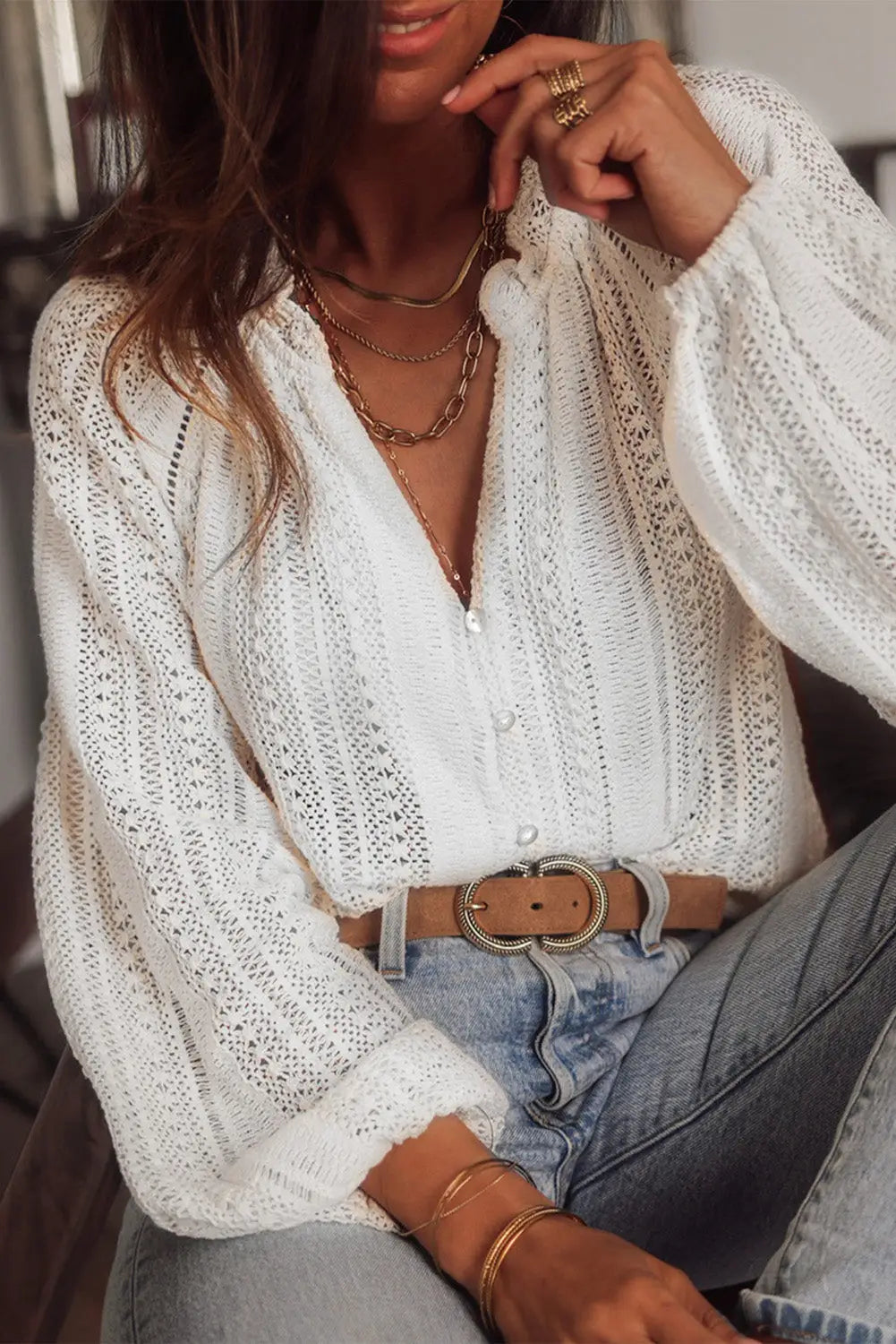 White V-Neck Long Sleeve Button Up Lace Shirt-28