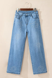 Thumbnail for Wide Leg Jeans - Light Blue Floral Rhinestone-3