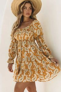Thumbnail for Yellow Boho Paisley Long Sleeve Floral Dress-2