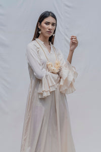Thumbnail for Front Pleated dress with bell sleeves in Off-white
