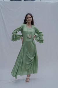 Thumbnail for Front Pleated dress with bell sleeves in Light Green