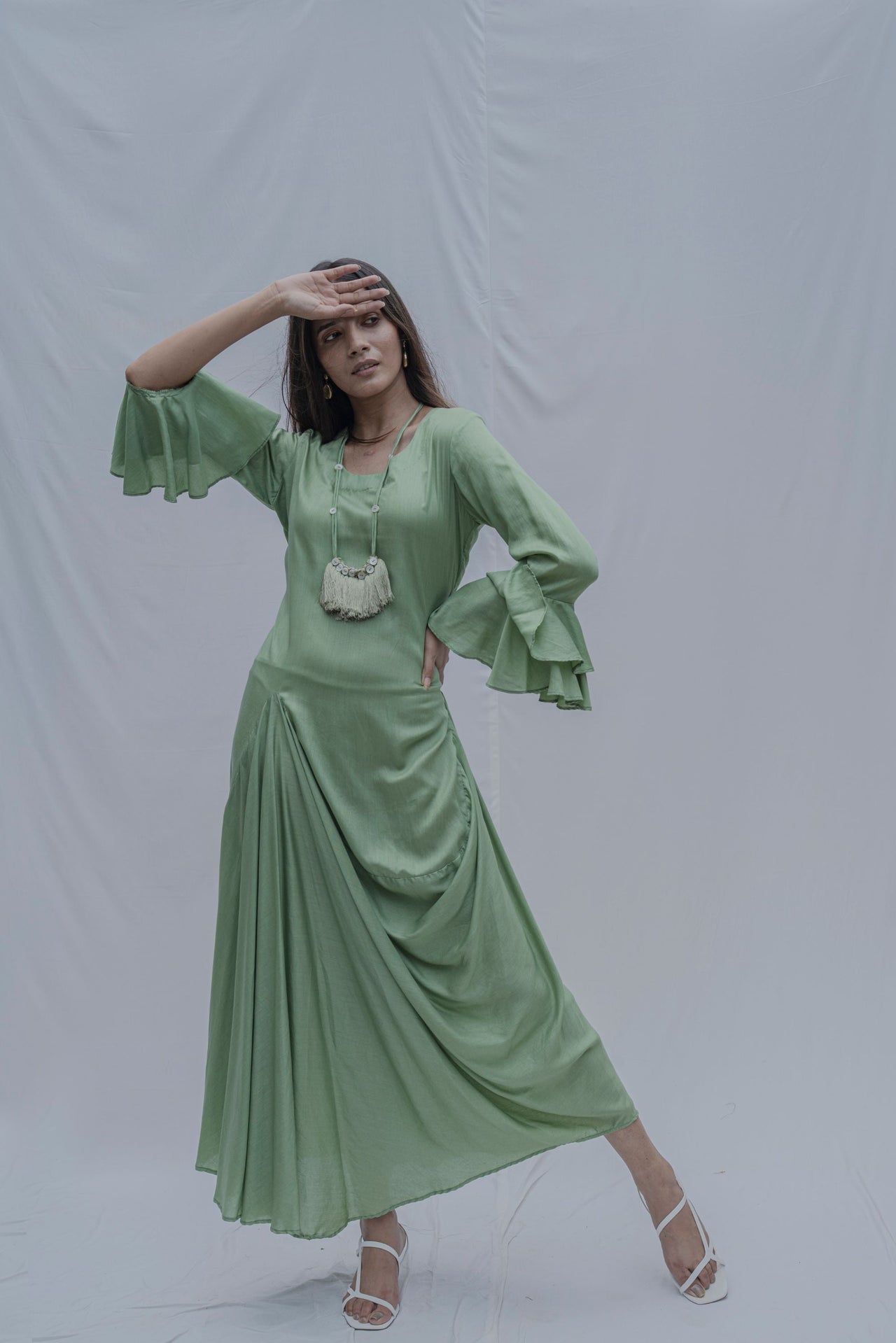 Front Pleated dress with bell sleeves in Light Green