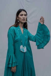 Thumbnail for Front Pleated dress with bell sleeves in Turquoise