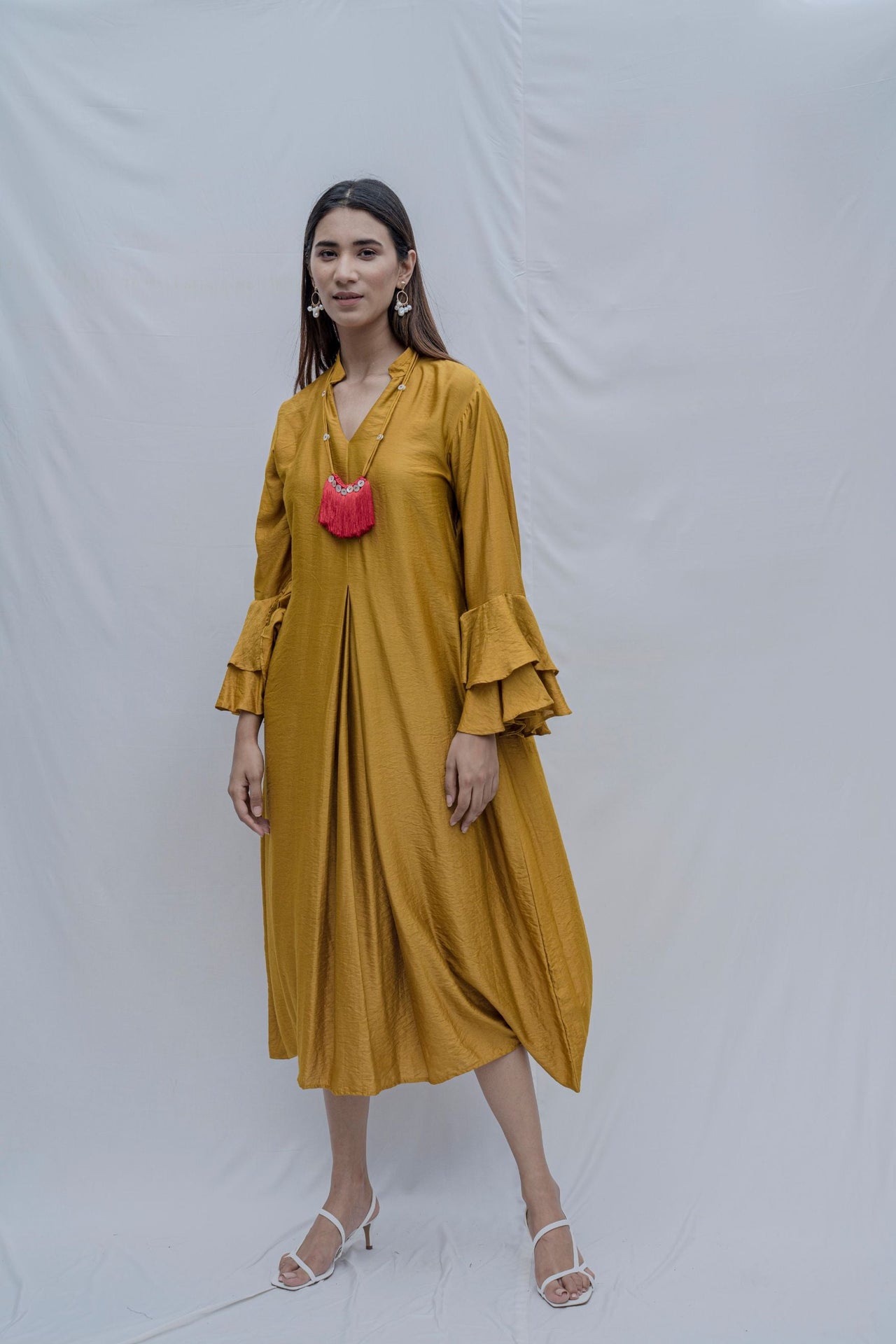 Front Pleated dress with bell sleeves in Mustard Yellow