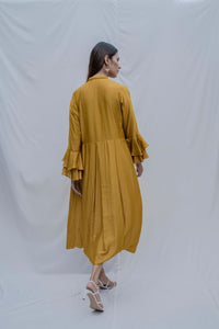 Thumbnail for Front Pleated dress with bell sleeves in Mustard Yellow