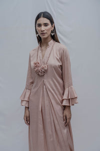 Thumbnail for Front Pleated dress with bell sleeves in Rose Gold