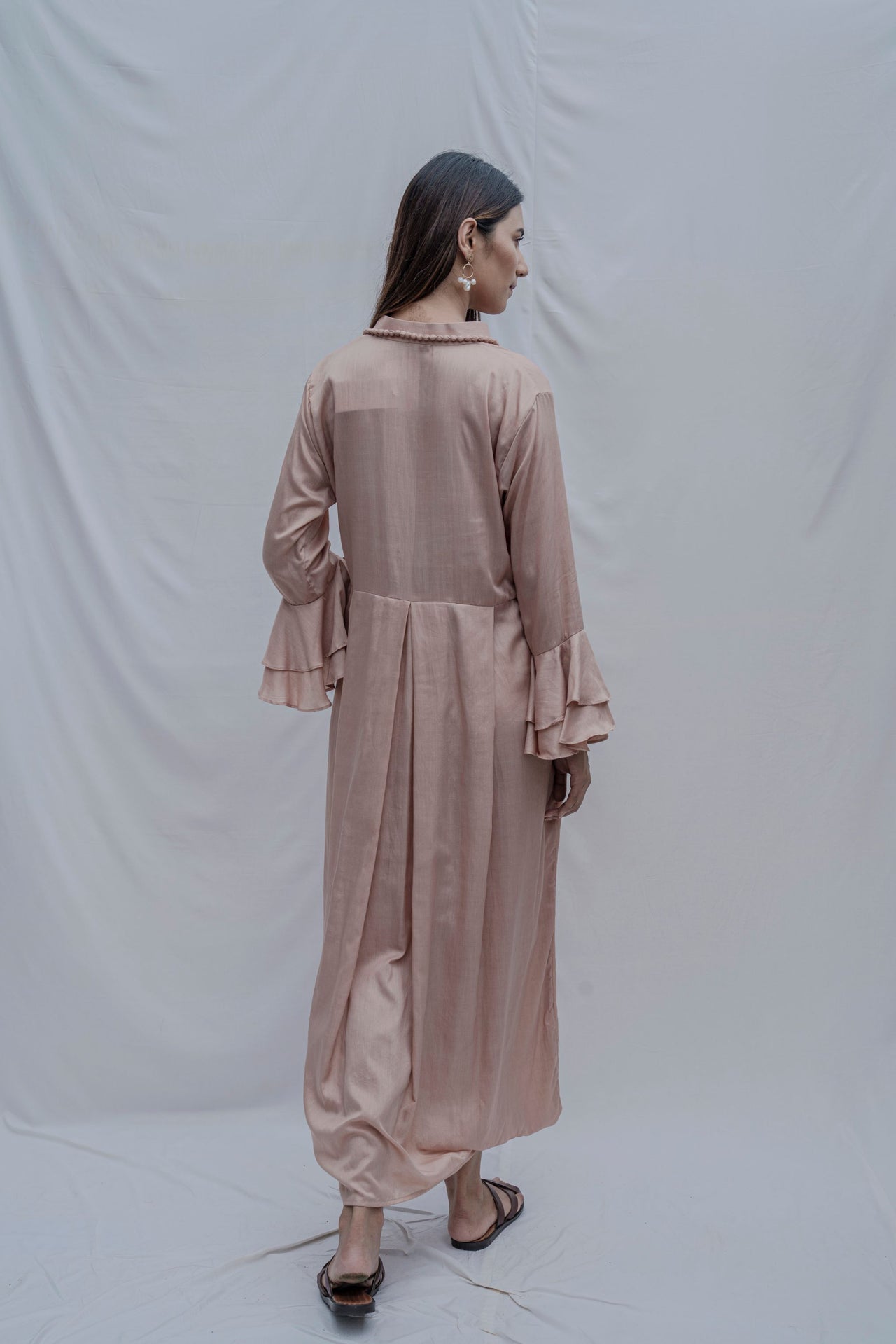Front Pleated dress with bell sleeves in Rose Gold